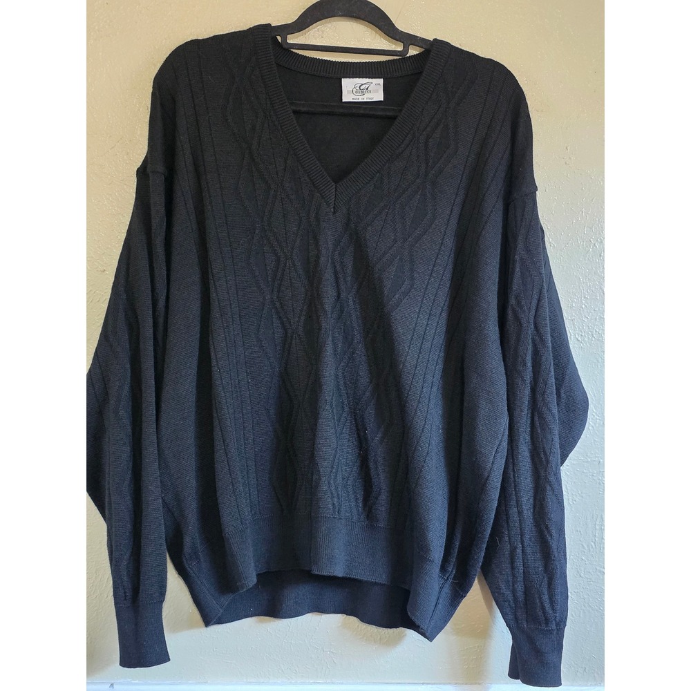 Gabicci Mens XXL Black Wool Blend V-Neck Textured Argyle Grandpa Sweater Italy